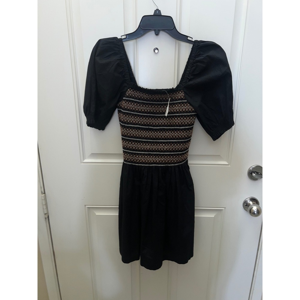 NWT Madewell Smocked Black Embroidered Poplin Puff Sleeve Mini Dress Sz XS